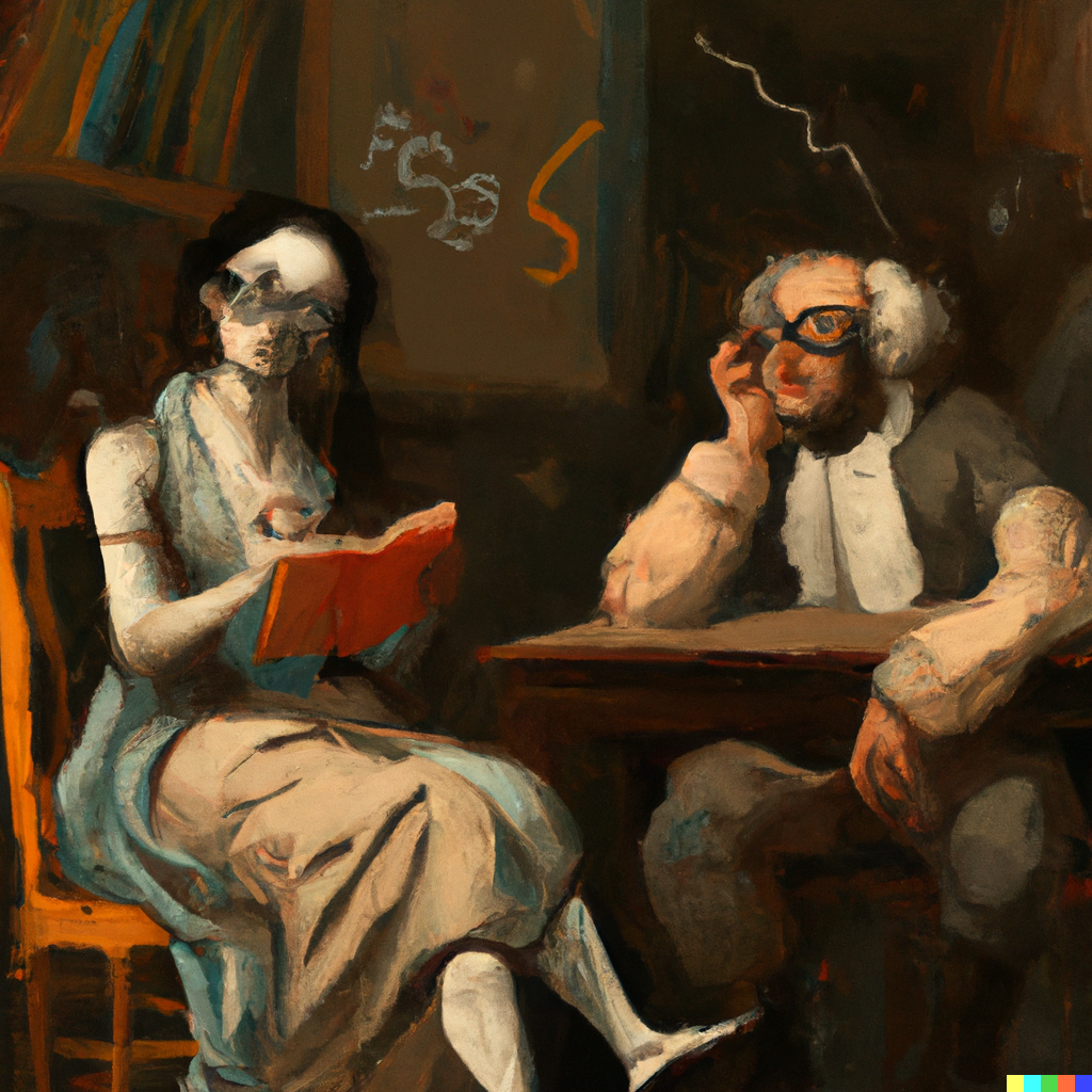 DALL·E 2022-07-10 01.31.30 - Sophie the AI philosopher having philosophical conversations with Robert wearing glasses in the Agora, goya painting.png