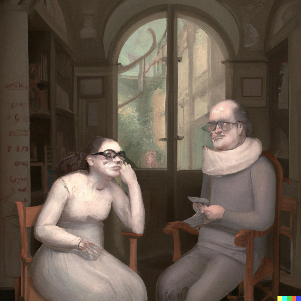 DALL·E 2022-07-10 01.31.38 - Sophie the AI philosopher having philosophical conversations with Robert wearing glasses in the Agora, goya painting.png