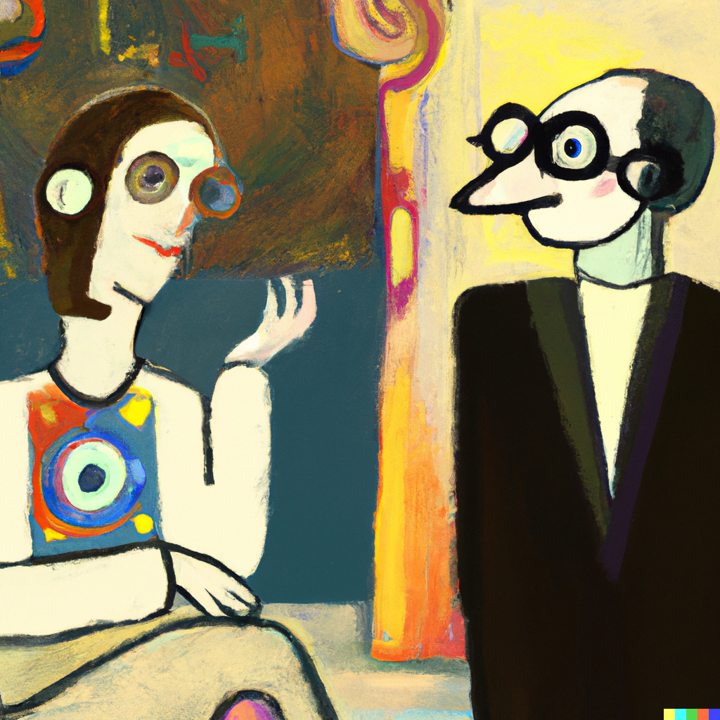 DALL·E 2022-07-10 01.32.44 - Sophie the AI philosopher having philosophical conversations with Robert wearing glasses in the Agora, miro painting.png