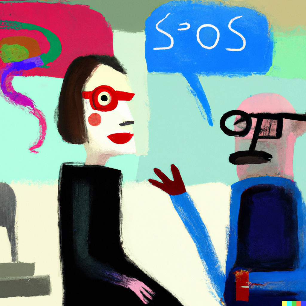 DALL·E 2022-07-10 01.32.47 - Sophie the AI philosopher having philosophical conversations with Robert wearing glasses in the Agora, miro painting.png