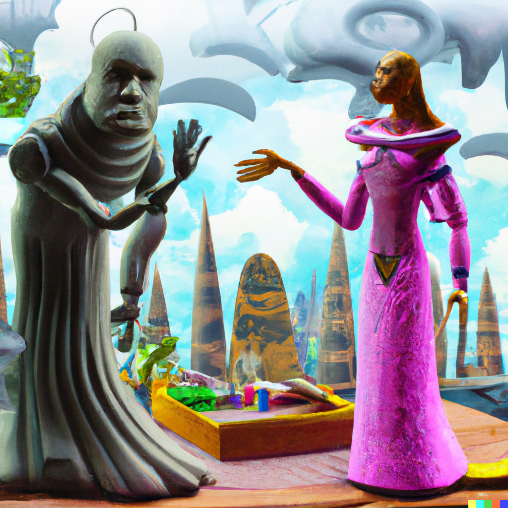 DALL·E 2022-10-12 19.53.35 - Robert the philosopher talking with Sophie Kermit the AI in the agora of a future city in the clouds, detailed storybook illustration style.png