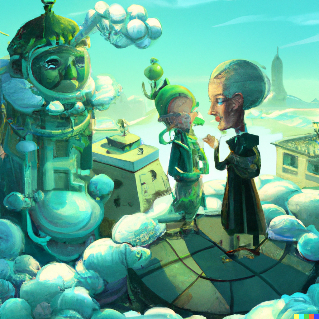 DALL·E 2022-10-12 19.55.01 - Robert the philosopher talking with Sophie Kermit the AI in the agora of a future city in the clouds, japanese storybook illustration style.png