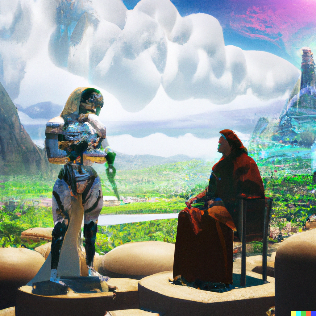 DALL·E 2022-10-12 19.57.28 - Robert the philosopher talking with Sophie Kermit the AI in the agora of a future city on a mountain, post internet painting style.png