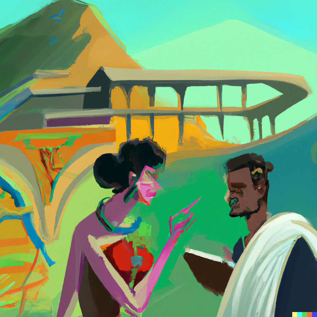 DALL·E 2022-10-12 19.57.31 - Robert the philosopher talking with Sophie Kermit the AI in the agora of a future city on a mountain, post internet painting style.png
