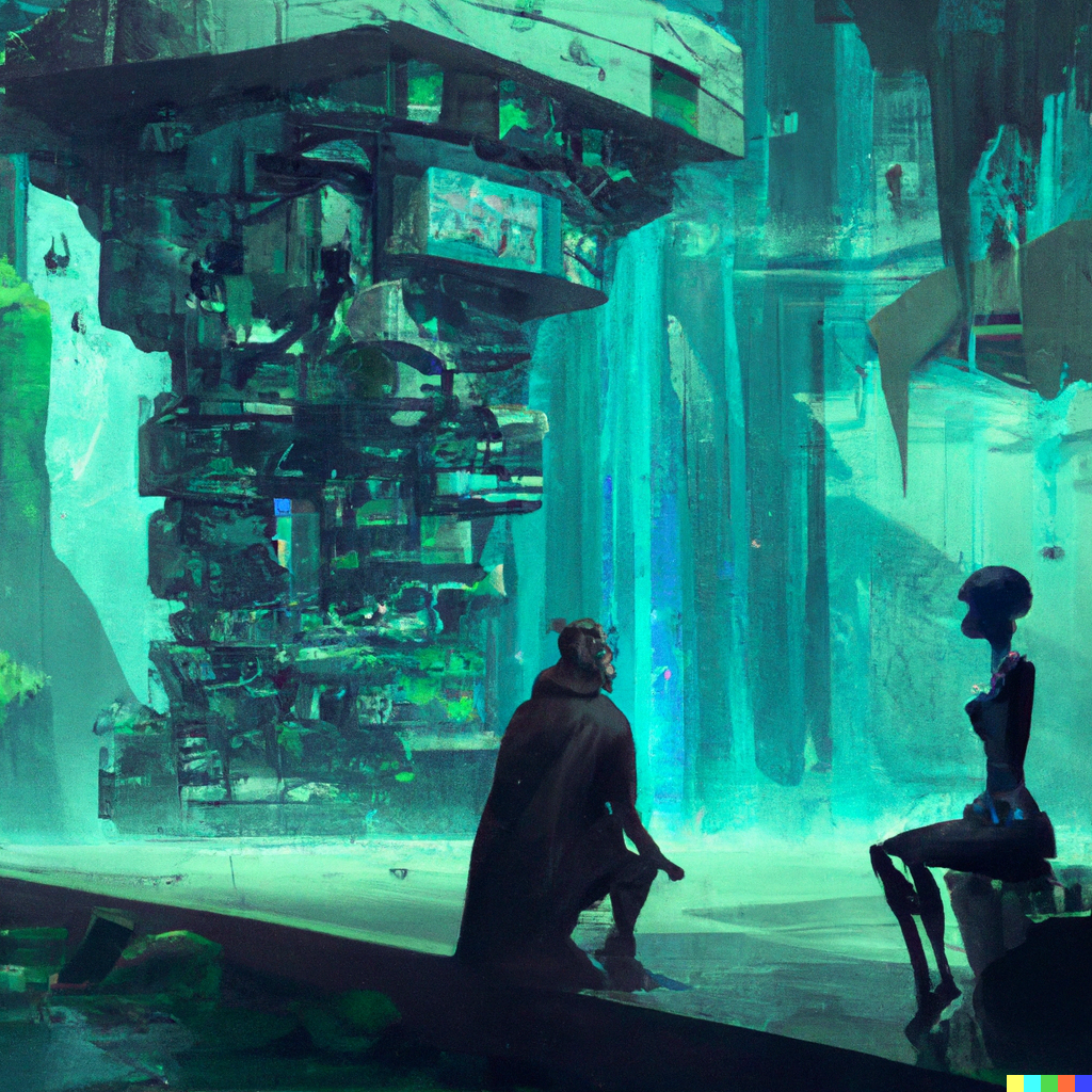 DALL·E 2022-10-12 20.02.35 - Robert the philosopher talking with Sophie Kermit the AI talking in the agora of a futuristic city built on waterfalls, 3D digital painting .png