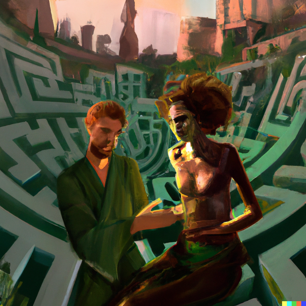 DALL·E 2022-10-12 20.06.11 - Robert the philosopher talking with Sophie Kermit the AI in the agora of a futuristic city built overlooking a labyrinth garden, painting.png