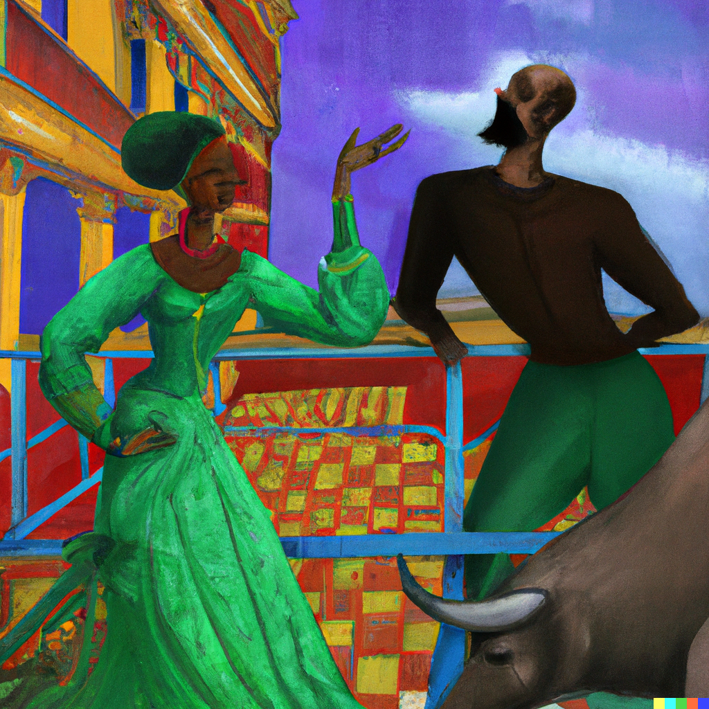 DALL·E 2022-10-12 20.08.52 - Robert the philosopher talking with Sophie Kermit the AI on a balcony overlooking a bull fight in the arena behind, painting.png