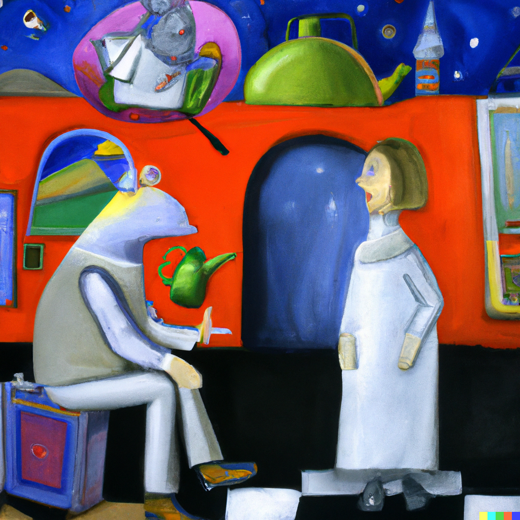 DALL·E 2022-10-12 20.15.45 - Robert the philosopher talking with Sophie Kermit on a city in space, painting.png