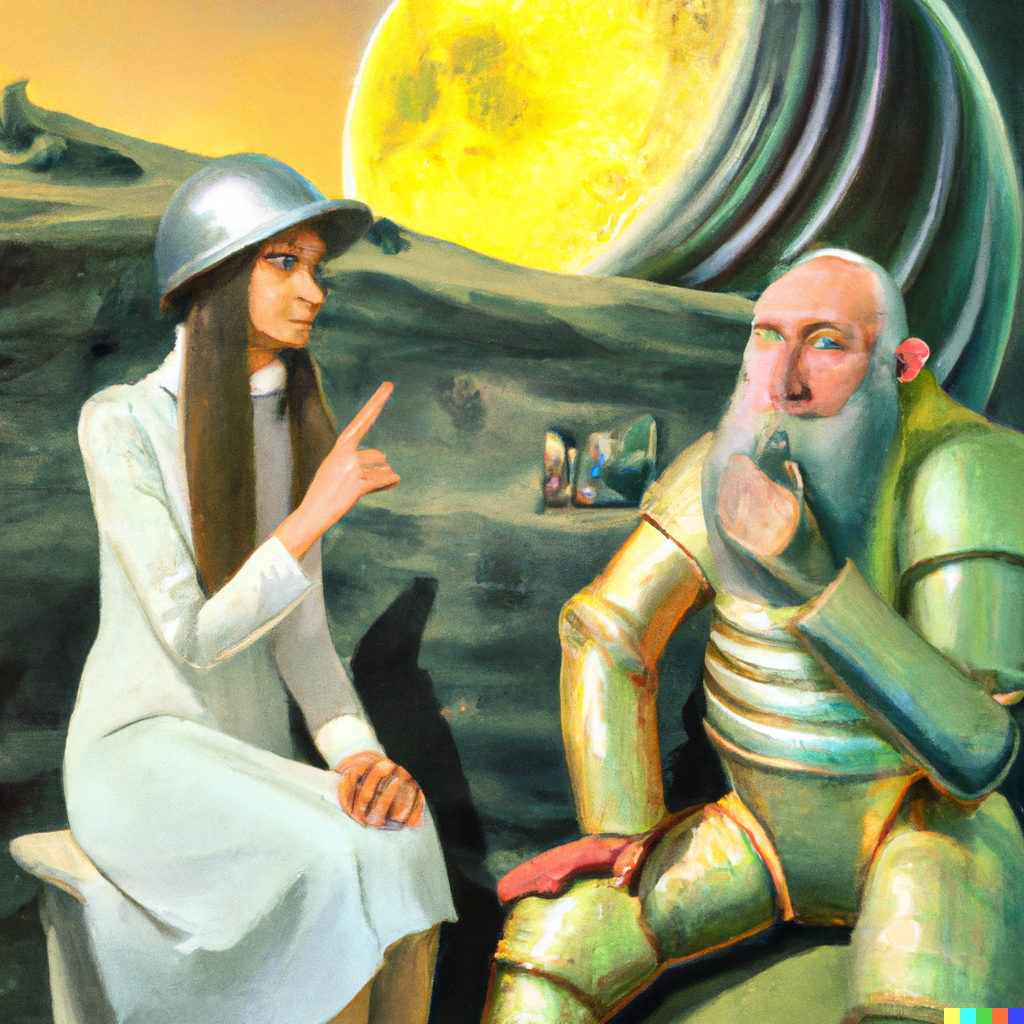 DALL·E 2022-10-12 20.17.38 - Robert the philosopher talking with Sophie Kermit the AI on a city on a moon of saturn, photorealist painting.png