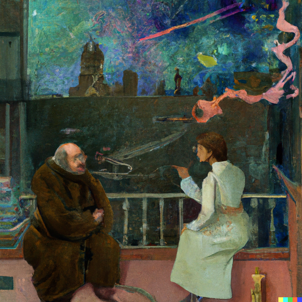 DALL·E 2022-10-12 20.15.38 - Robert the philosopher talking with Sophie Kermit on a city in space, painting.png