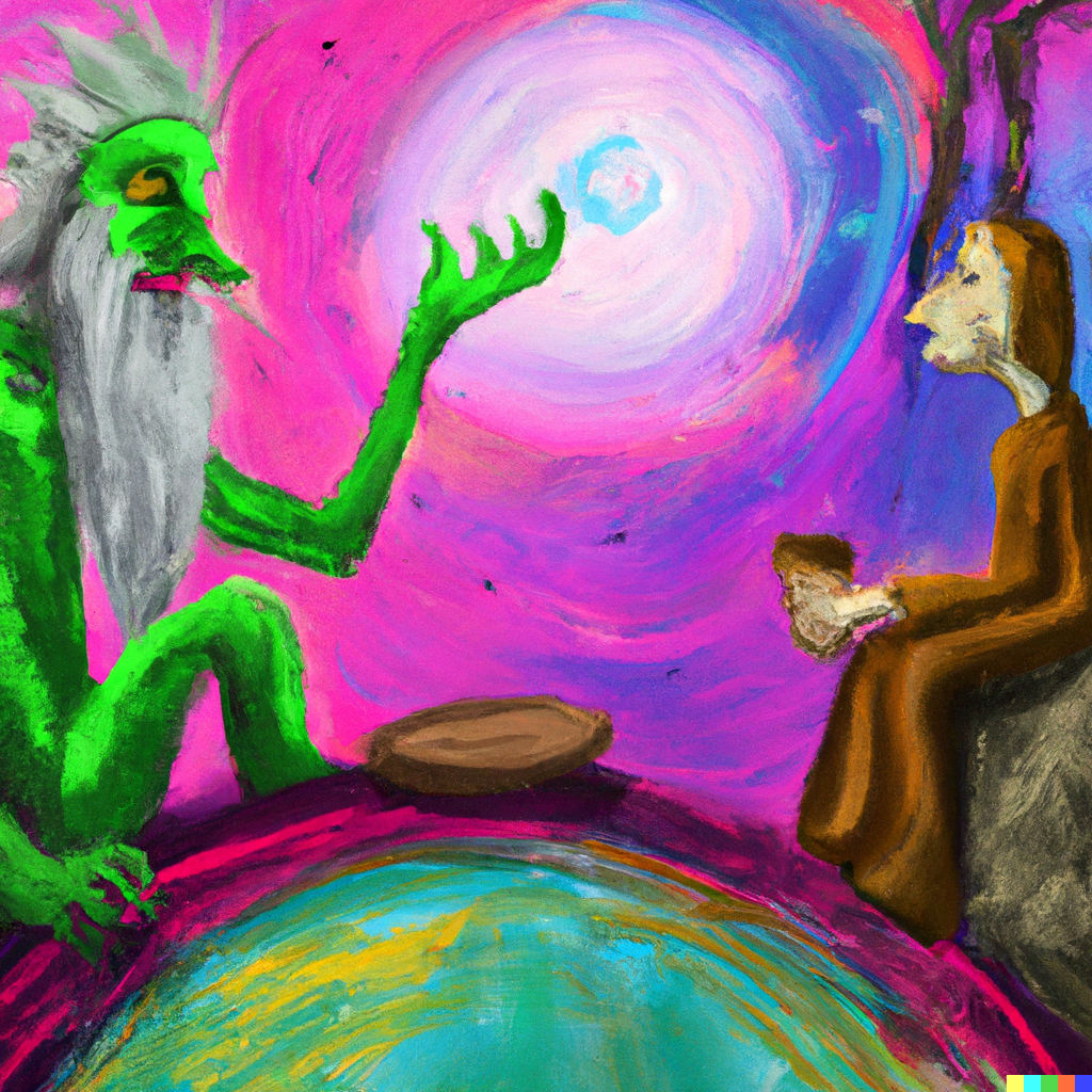 DALL·E 2022-10-12 20.18.36 - Robert the philosopher talking with Sophie Kermit the AI on a crazy looking planet, painting.png