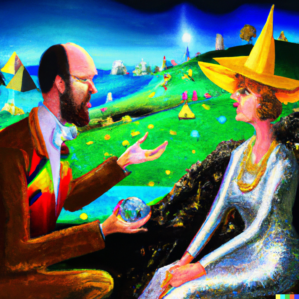 DALL·E 2022-10-12 20.19.58 - Robert the philosopher talking with Sophie Kermit the AI on a diamond landscape planet, painting.png