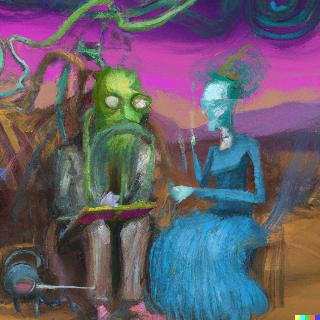 DALL·E 2022-10-12 20.25.41 - Robert the philosopher talking with Sophie Kermit the AI on junkyard planet, painting.png