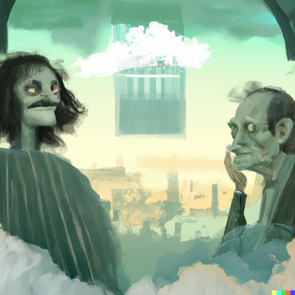 DALL·E 2022-10-12 19.55.55 - Robert the philosopher talking with Sophie Kermit the AI in the agora of a future city in the clouds, Maurice Sendek storybook illustration style.png
