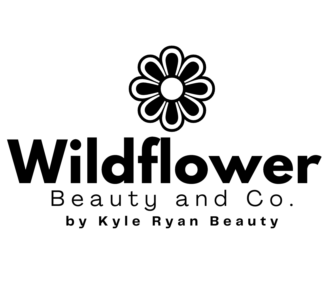 Black and white logo for Wildflower Beauty and Co., with a flower icon and text that reads 'Wildflower Beauty and Co. by Kyle Ryan Beauty'.