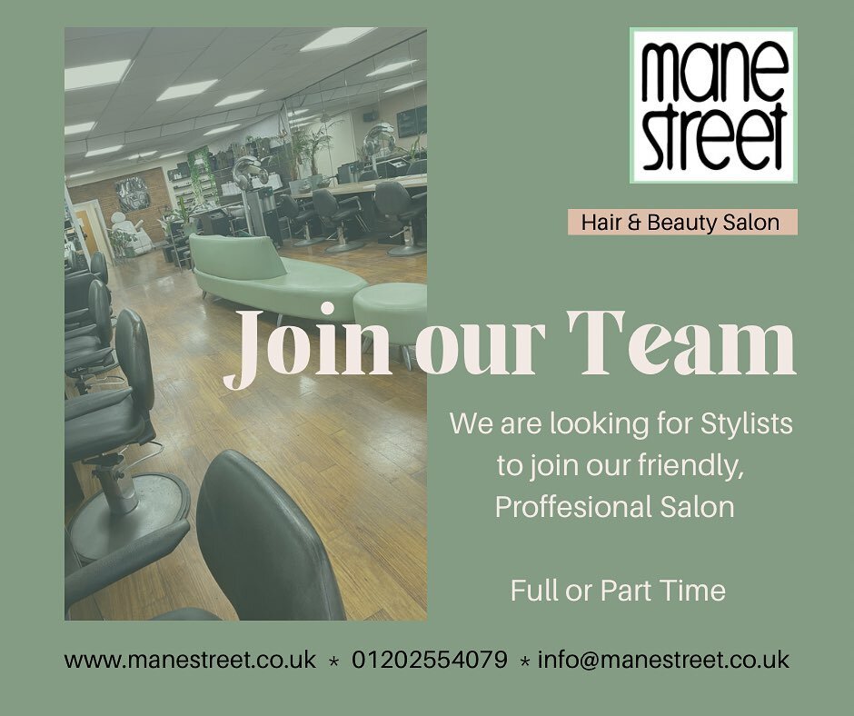 For full details visit our website - www.manestreet.co.uk

(Link in bio) 

#hairdresserjobs #hairdresserjobsbournemouth #hairdressersbournemouthandpoole #hairdressersbournemouth #hairdresserspoole #jobvacancy #jobsbournemouth #hairbournemouth #bourne