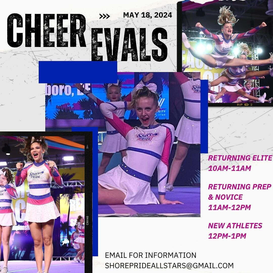 Don&rsquo;t forget to sign up for our season 10 evaluations! We take athletes from 3-18 years old with all types of experience🩷💙
.
.
.
#shoreprideallstars #shorepridestrong #shoreproud #smallgymstrong #cheer #cheerleading #winningteam #season10 #de