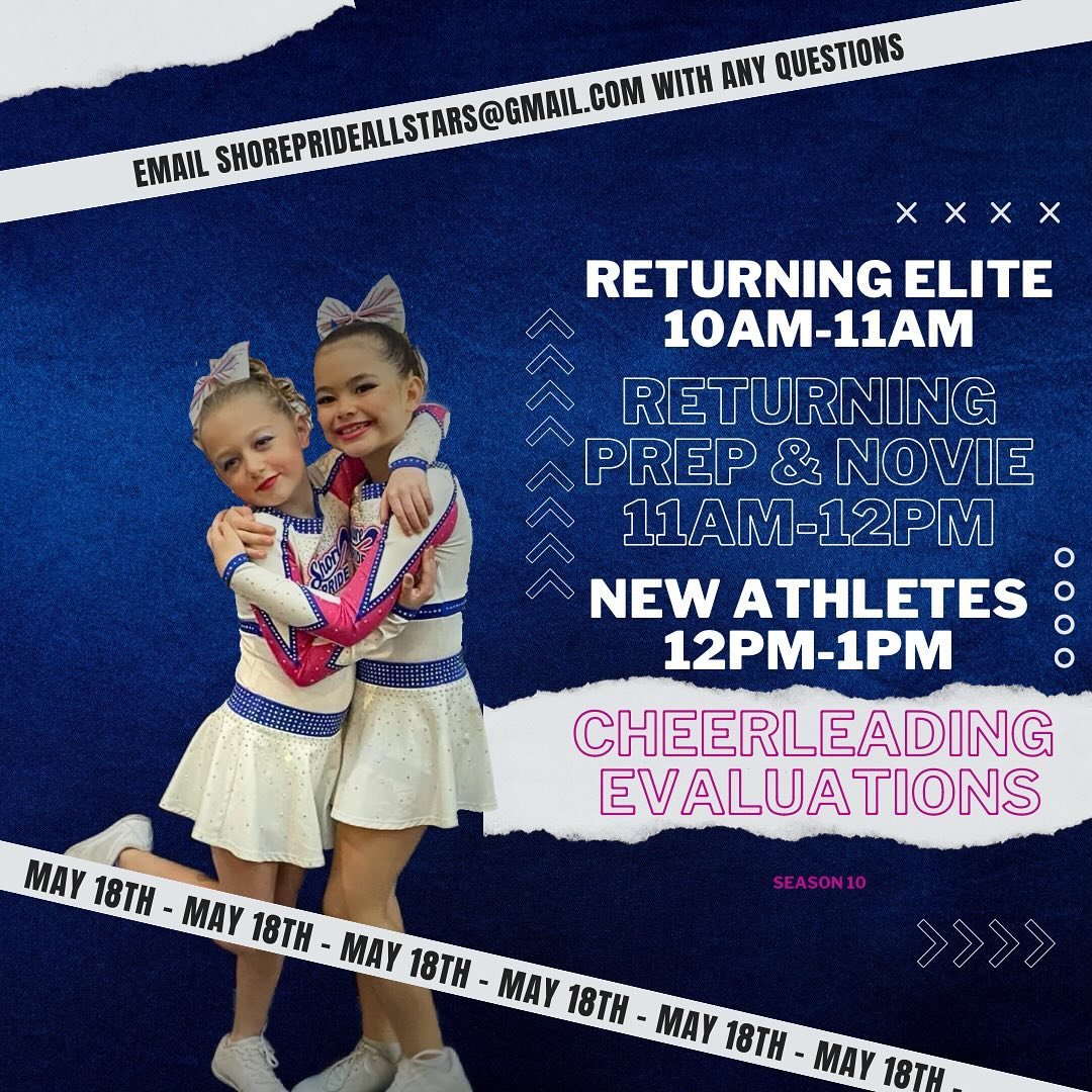 Don&rsquo;t forget to sign up for season 10 evaluations next month!! We accept athletes aged 3-18 with a variety of commitment levels🩷💙
.
.
.
#shoreprideallstars #shorepridestrong #shoreproud #smallgymstrong #cheer #cheerleading #winningteam #may18