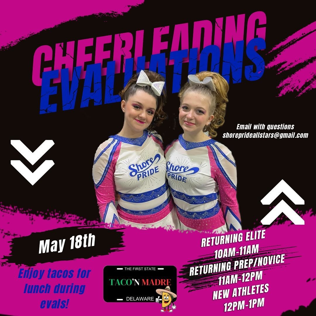 We are another day closer to season 10 evaluations! We even have a taco truck coming to feed all of our hungry athletes and their families! We hope to see you join our Shore Pride family🩷🌮💙
.
.
.
#shoreprideallstars #shorepridestrong #shoreproud #