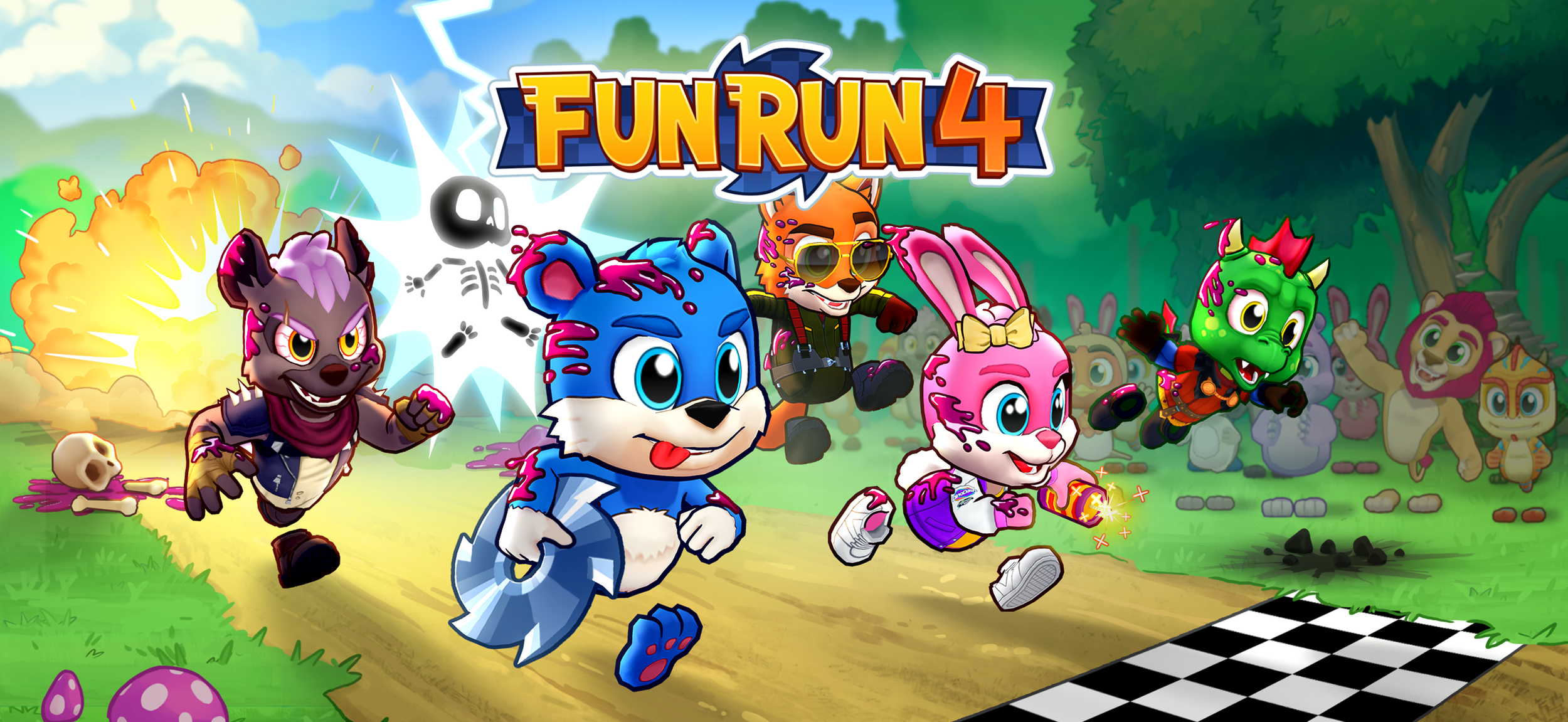 Fun Run 4 hero art — five animal characters including Bear, Hyena, Fox, Bunny, and Dragon racing toward the finish line in a chaotic multiplayer race