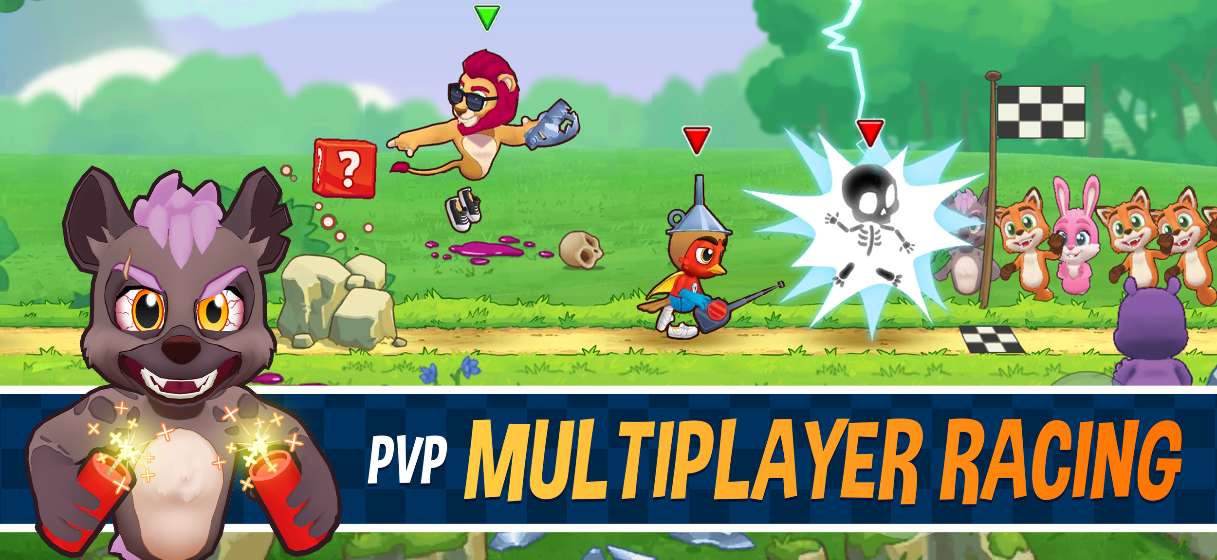 Fun Run 4 PvP multiplayer racing gameplay showing animal characters using powerups and sabotaging opponents near the finish line