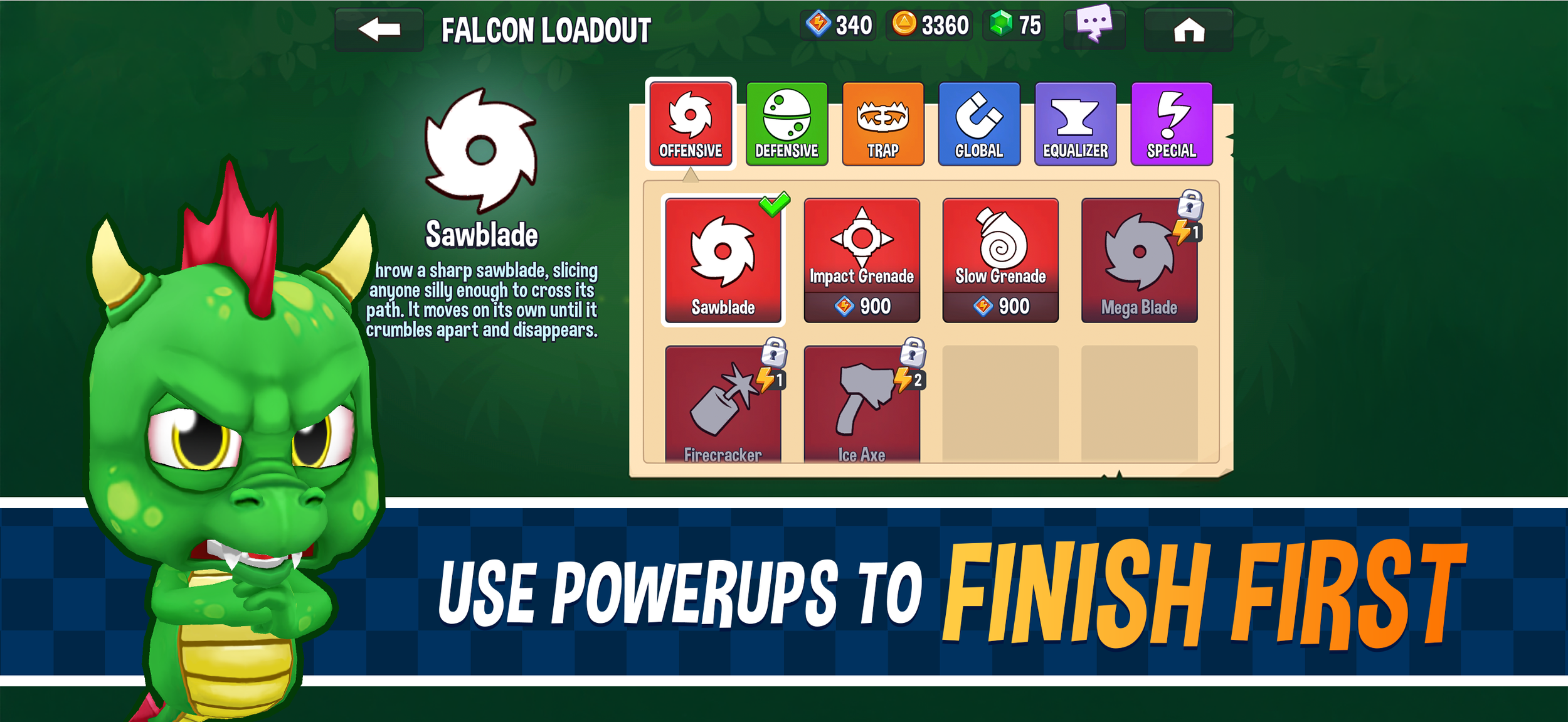 Fun Run 4 powerup loadout screen showing offensive powerups like Sawblade, Impact Grenade, and Mega Blade — customize your powerup loadout for competitive gameplay