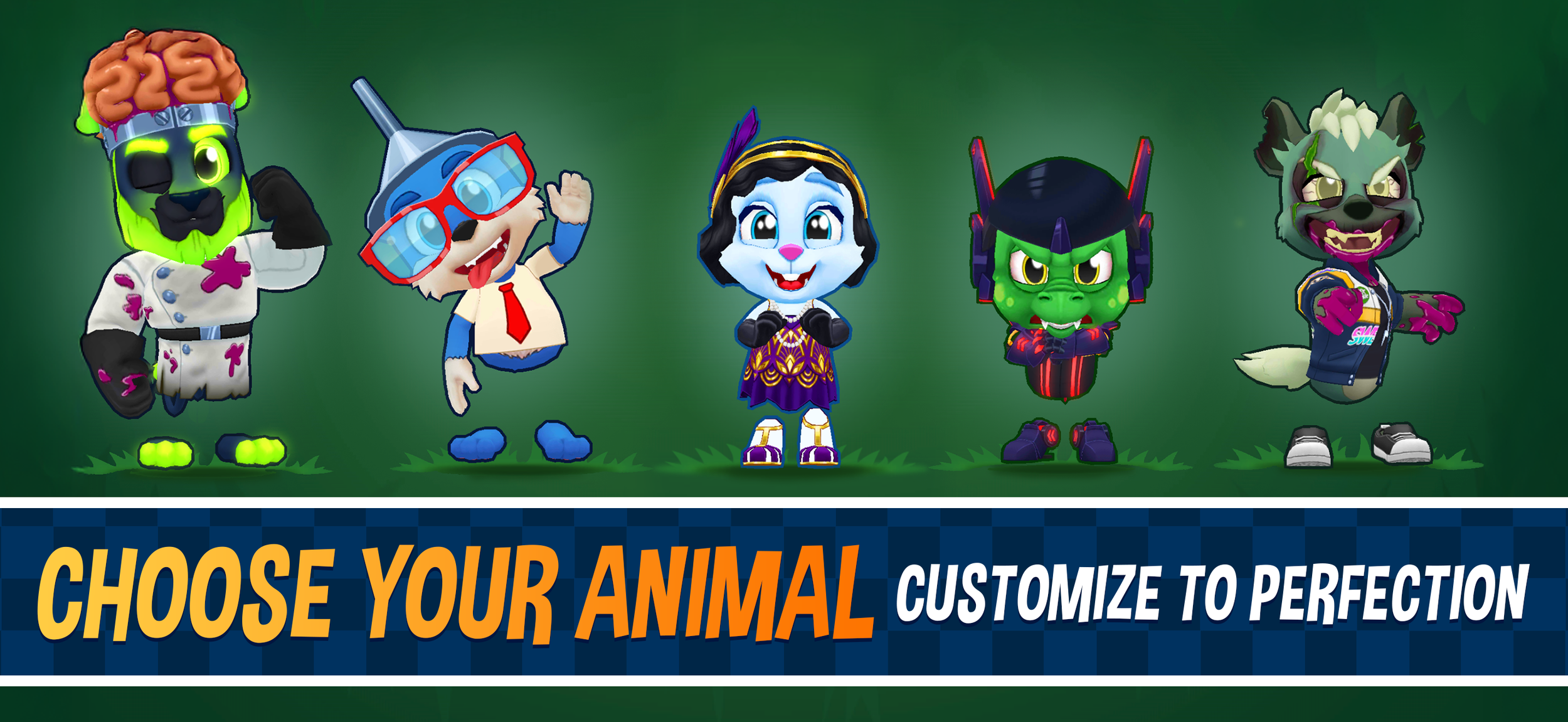 Fun Run 4 animal characters with unique cosmetic outfits and skins — choose your animal and customize to show off your style