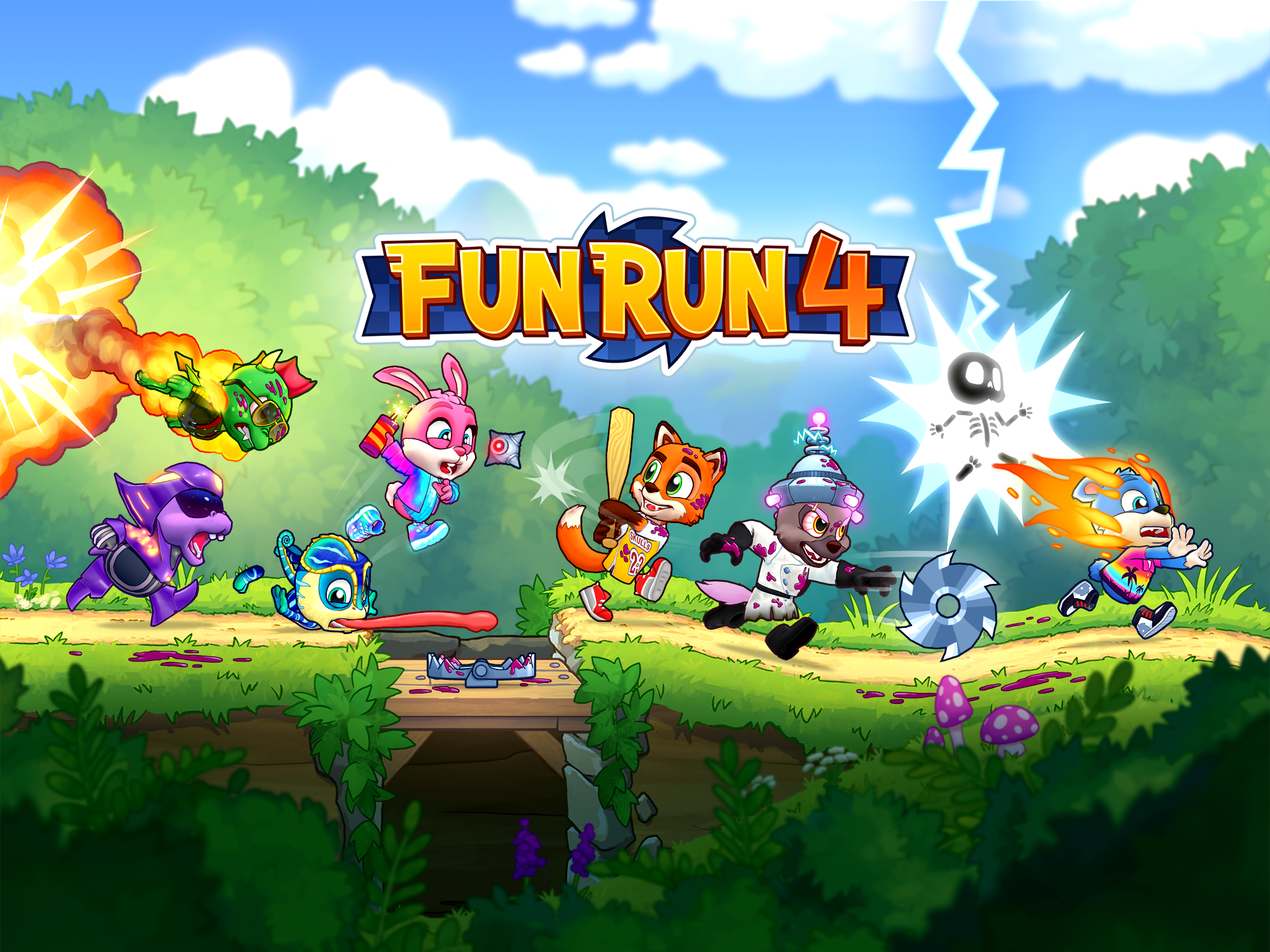 Fun Run 4 key art showing six animal characters racing and fighting with powerups including sawblades, bear traps, and lightning in a chaotic multiplayer PvP race — free mobile action racing game by Dirtybit for iOS and Android.