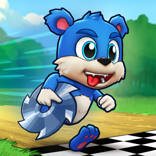 Fun Run 4 app icon — Bear character running with a sawblade powerup toward the finish line in Dirtybit's free PvP multiplayer racing game for iOS and Android