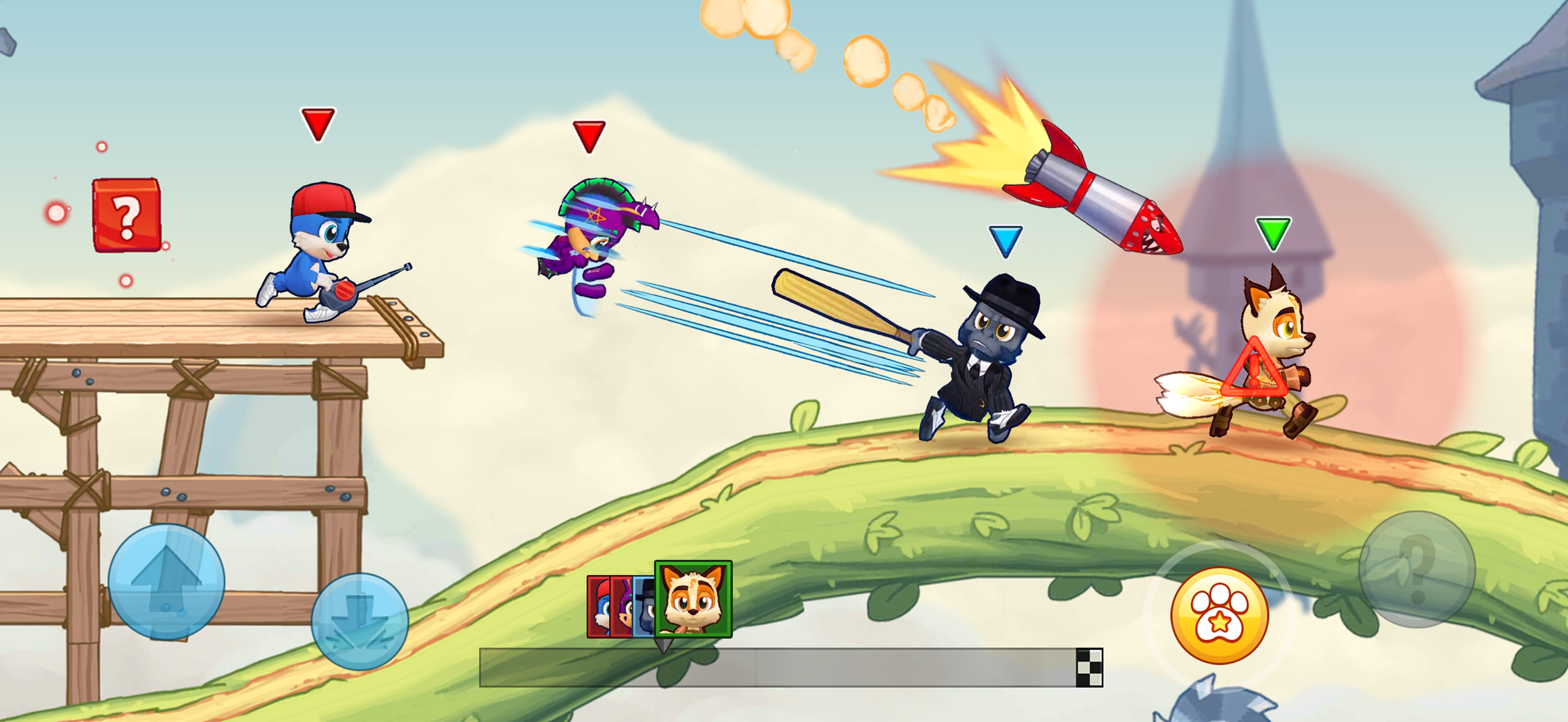 Fun Run 4 in-race gameplay showing four animal characters racing and fighting with powerups including rockets and baseball bats in a real-time PvP race