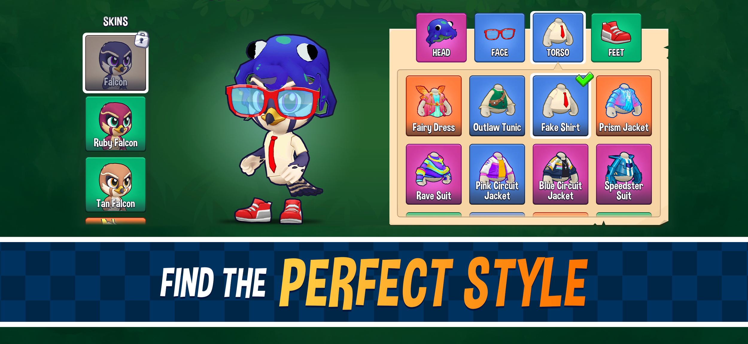 Fun Run 4 character customization screen showing Falcon animal with skins, hats, glasses, and outfit options — cosmetic-only items that don't affect gameplay