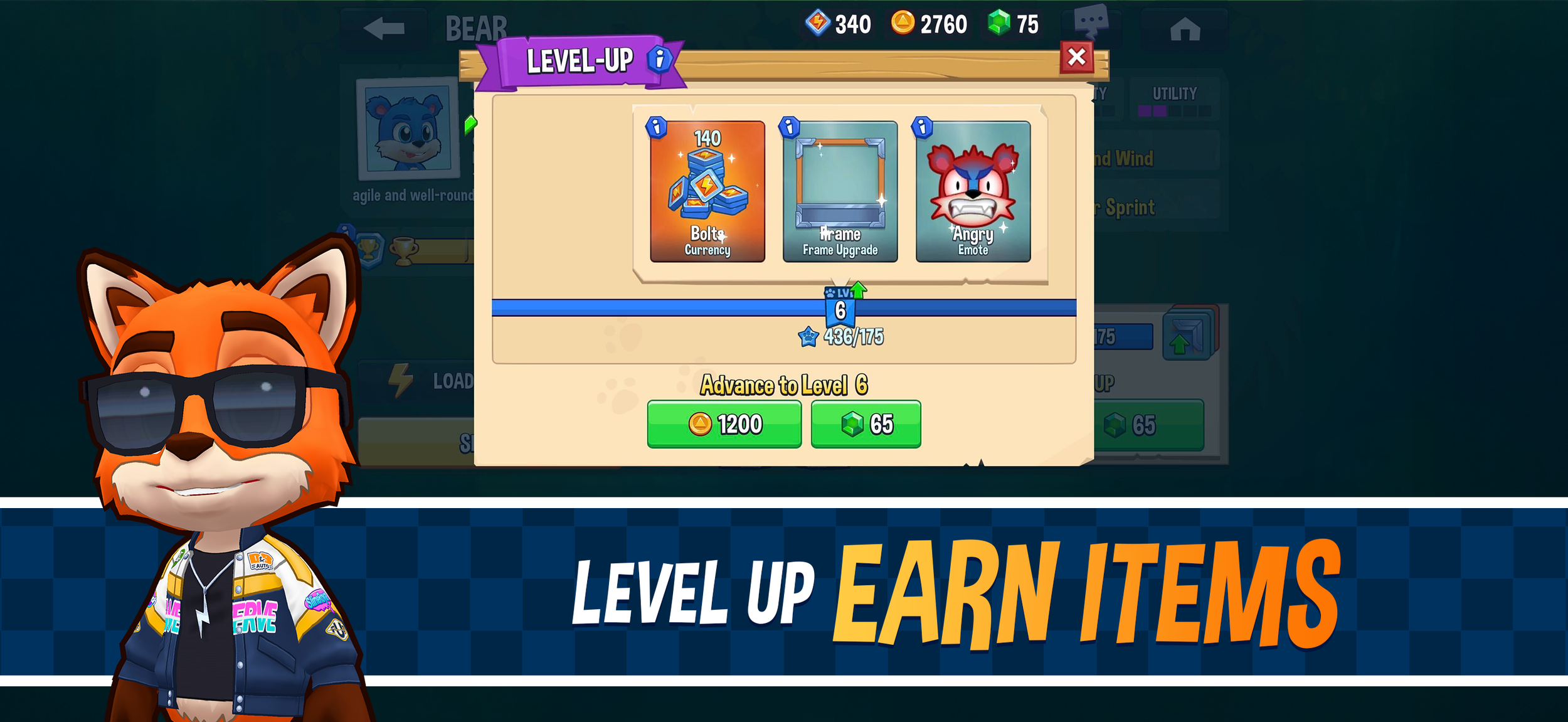 Fun Run 4 animal level-up screen showing progression rewards including Bolts currency, frame upgrades, and emotes — level up animals to unlock new powerups