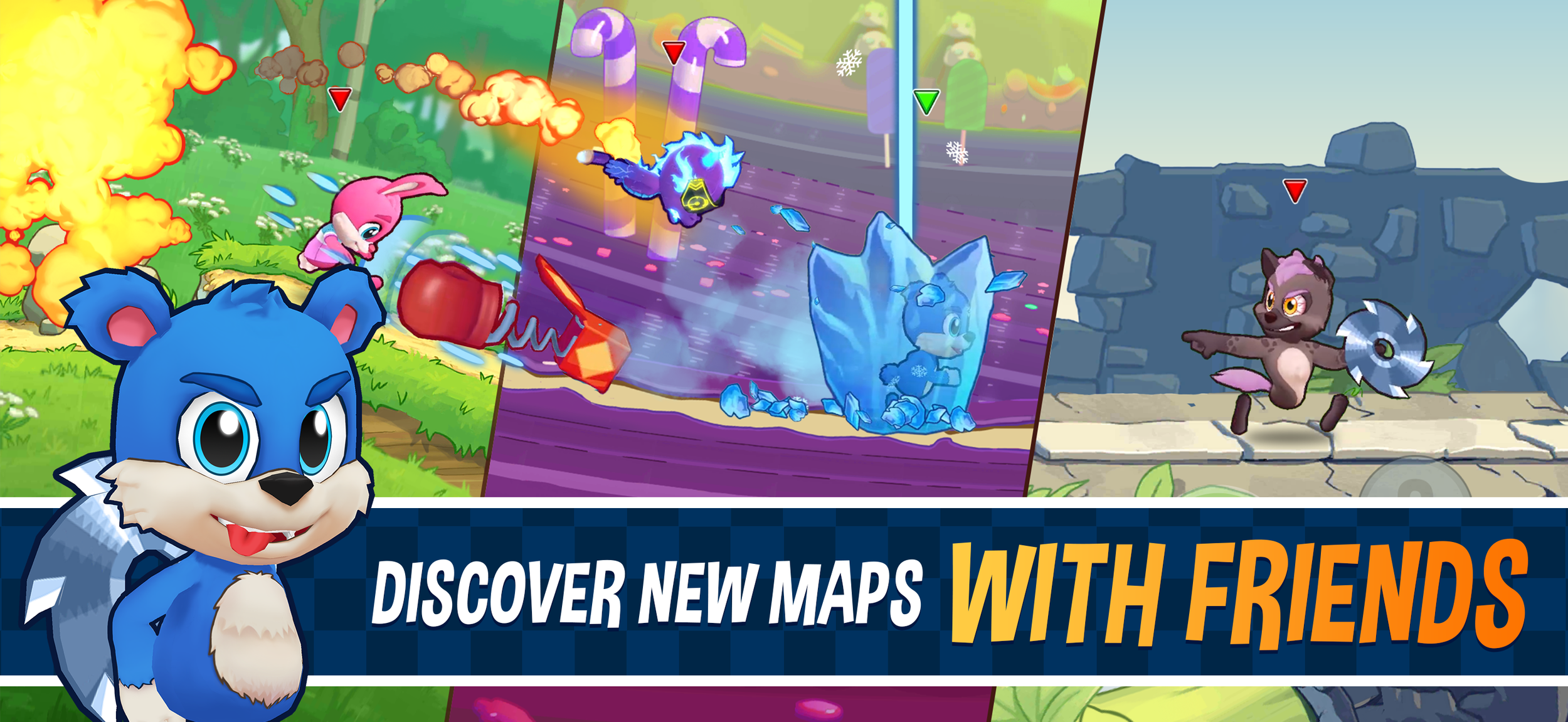 Fun Run 4 varied race maps including forest, candy, and castle environments — animals racing and using powerups like sawblades with friends