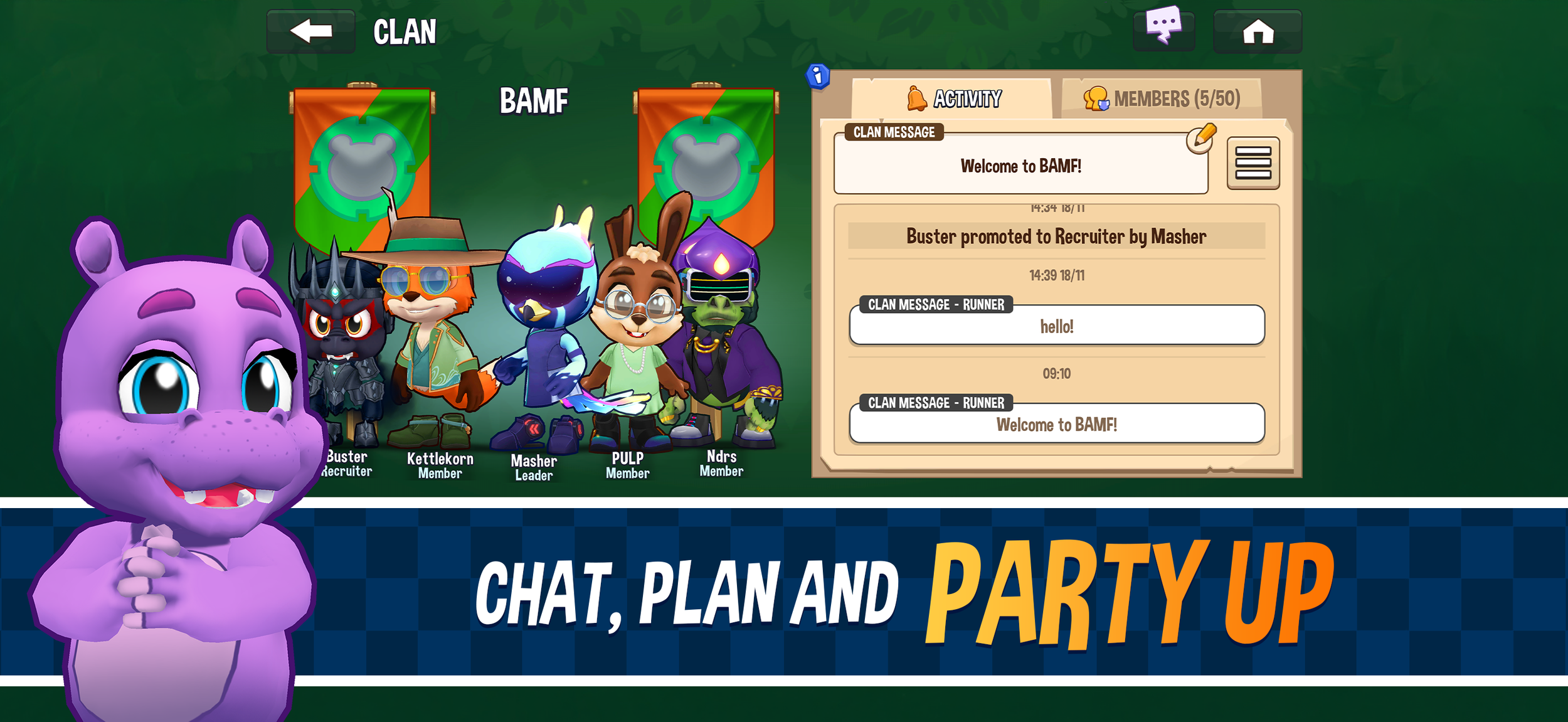 Fun Run 4 clan screen showing clan members, chat messages, and social features — join a clan, chat, and party up with friends for multiplayer races, play with friends IRL and online