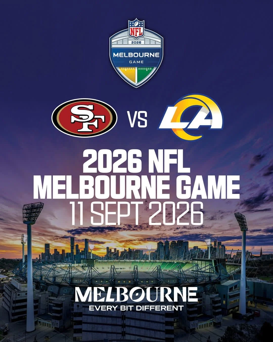 Who is counting down to 🏈 season?! For the first time ever, a regular season NFL game will be played in Australia&mdash;bringing two rival teams, the Los Angeles Rams and the San Francisco 49ers to the legendary Melbourne Cricket Ground (MCG) in Mel