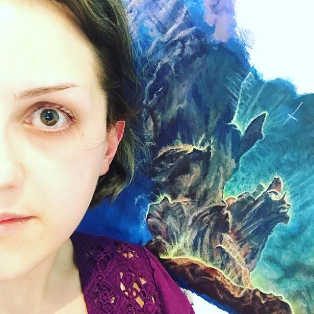 It suddenly occurred to me that a half selfie with the in-progress #pillarsofcreation could be a thing #halfselfie #spacepainting #workinprogress #stillgoing #eaglenebula #hubblepainting