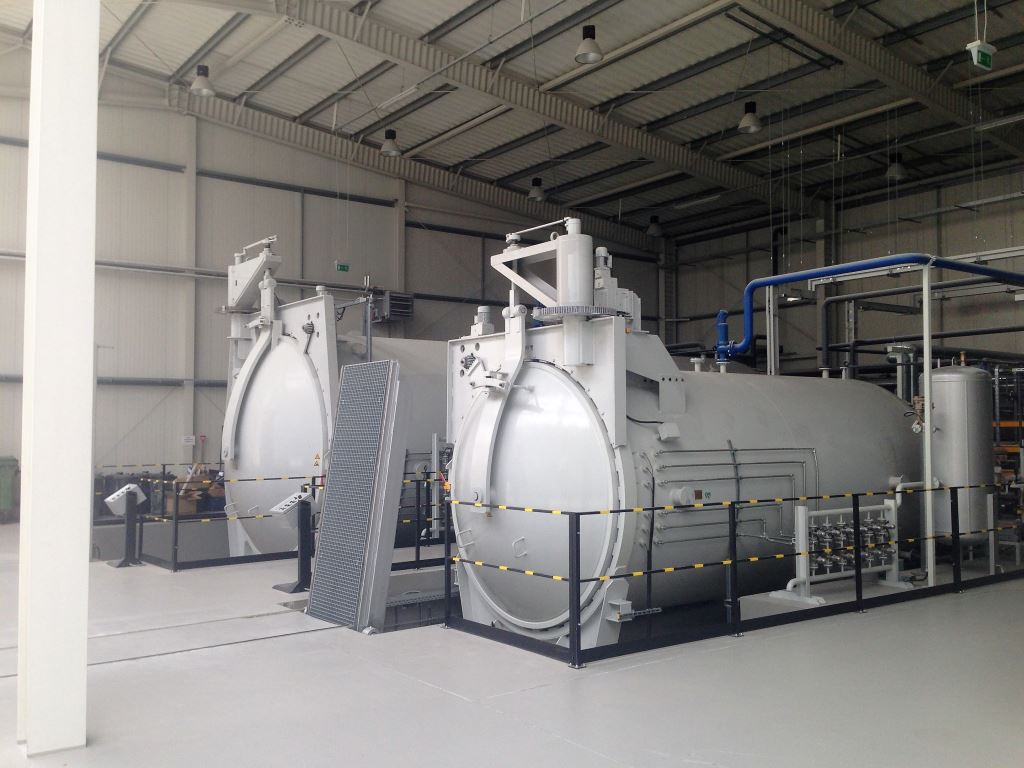 Two autoclaves in the production hall - with capacity to cure components of up to 3.5m wide and 10m long