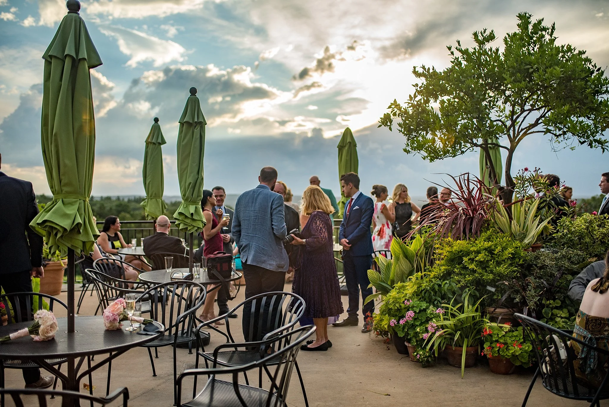 outdoor cocktail hour during sunset at tower hill botanic garden