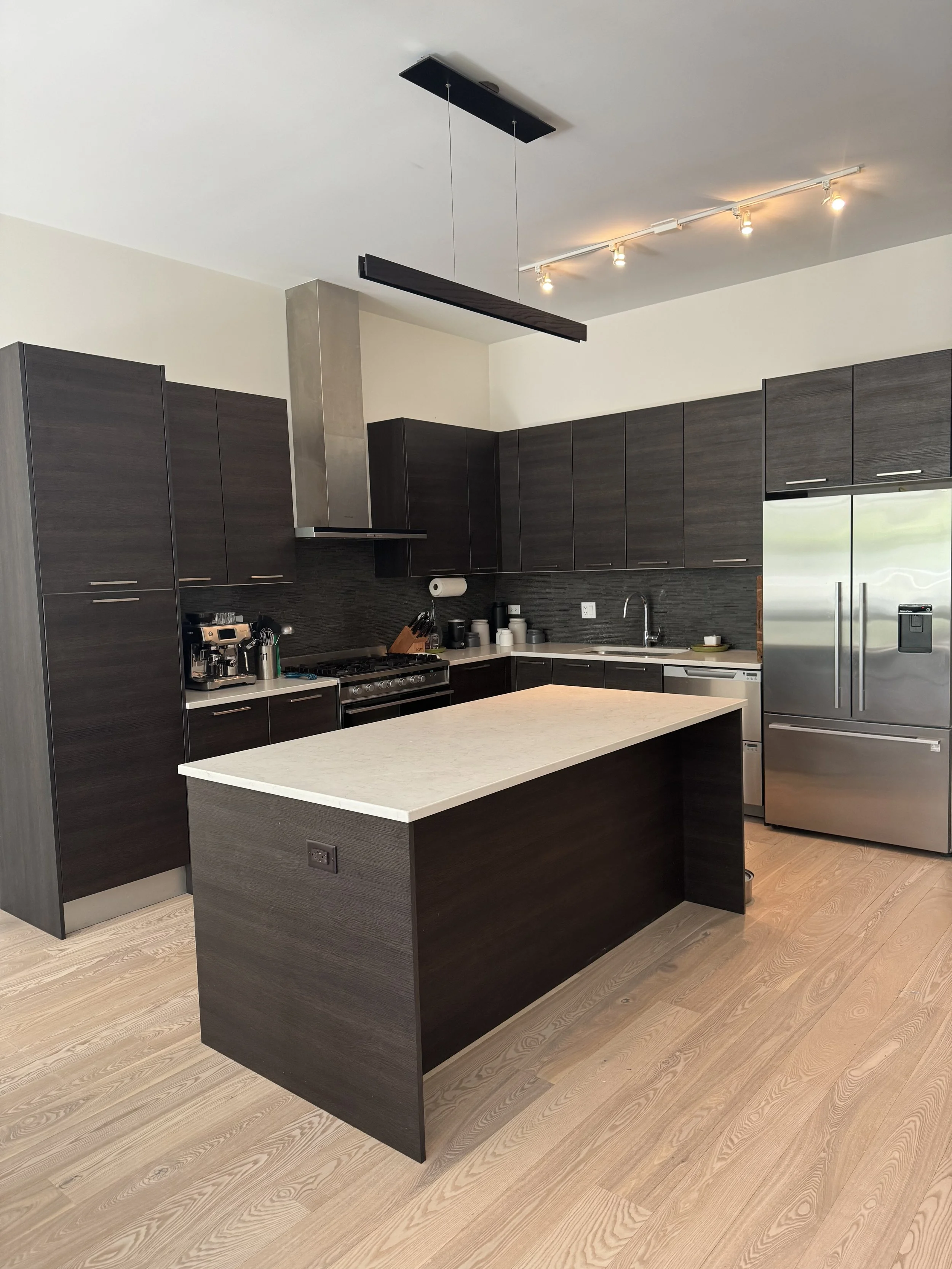 Modern Complete Kitchen Cabinets Dark Brown Fisher & Paykel Stainless Steel Appliances Island Refrigerator Range MORE