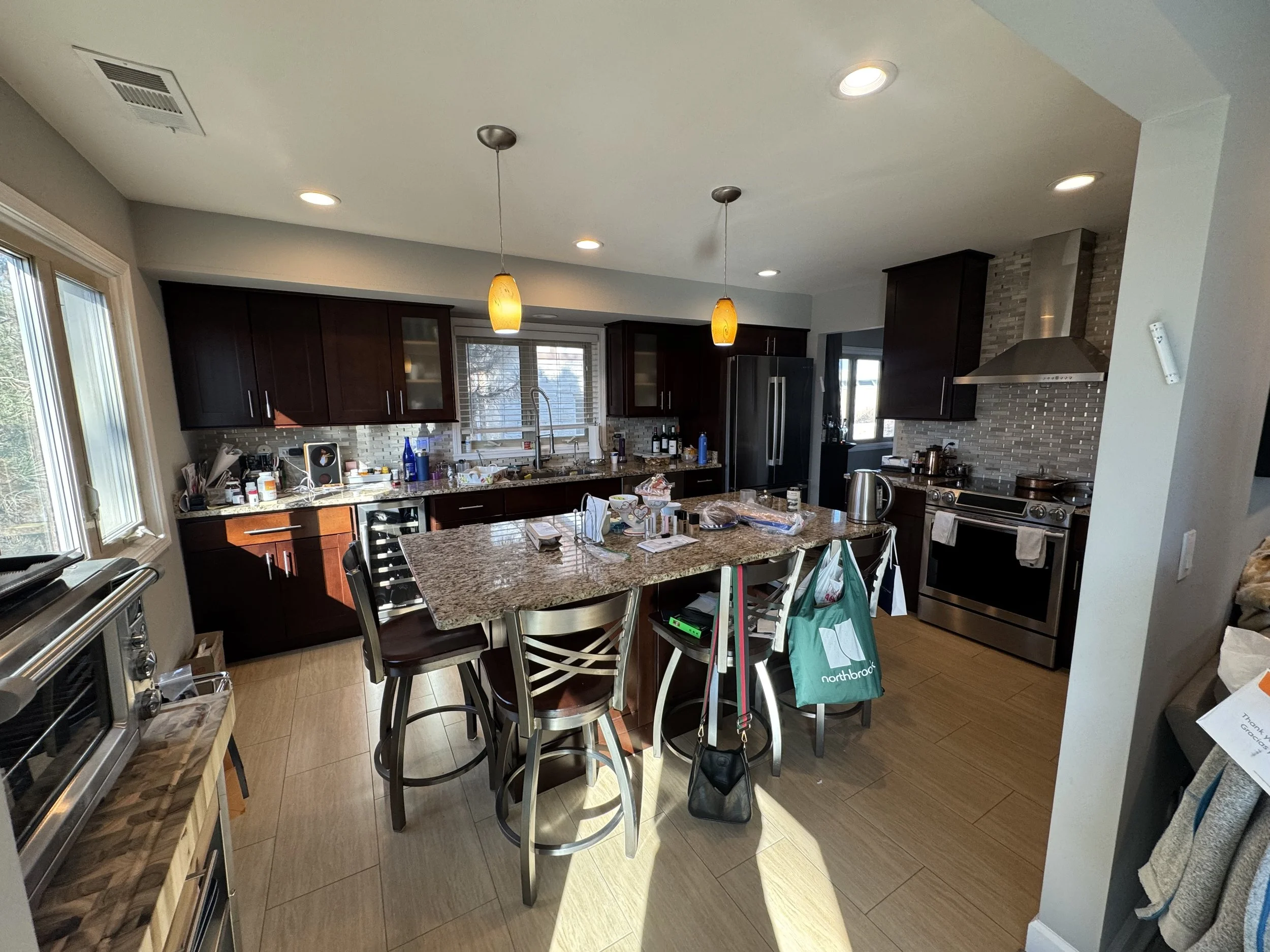 Shaker Wood Kitchen Cabinets Stainless Steel Samsung Appliances Refrigerator Range Island Complete