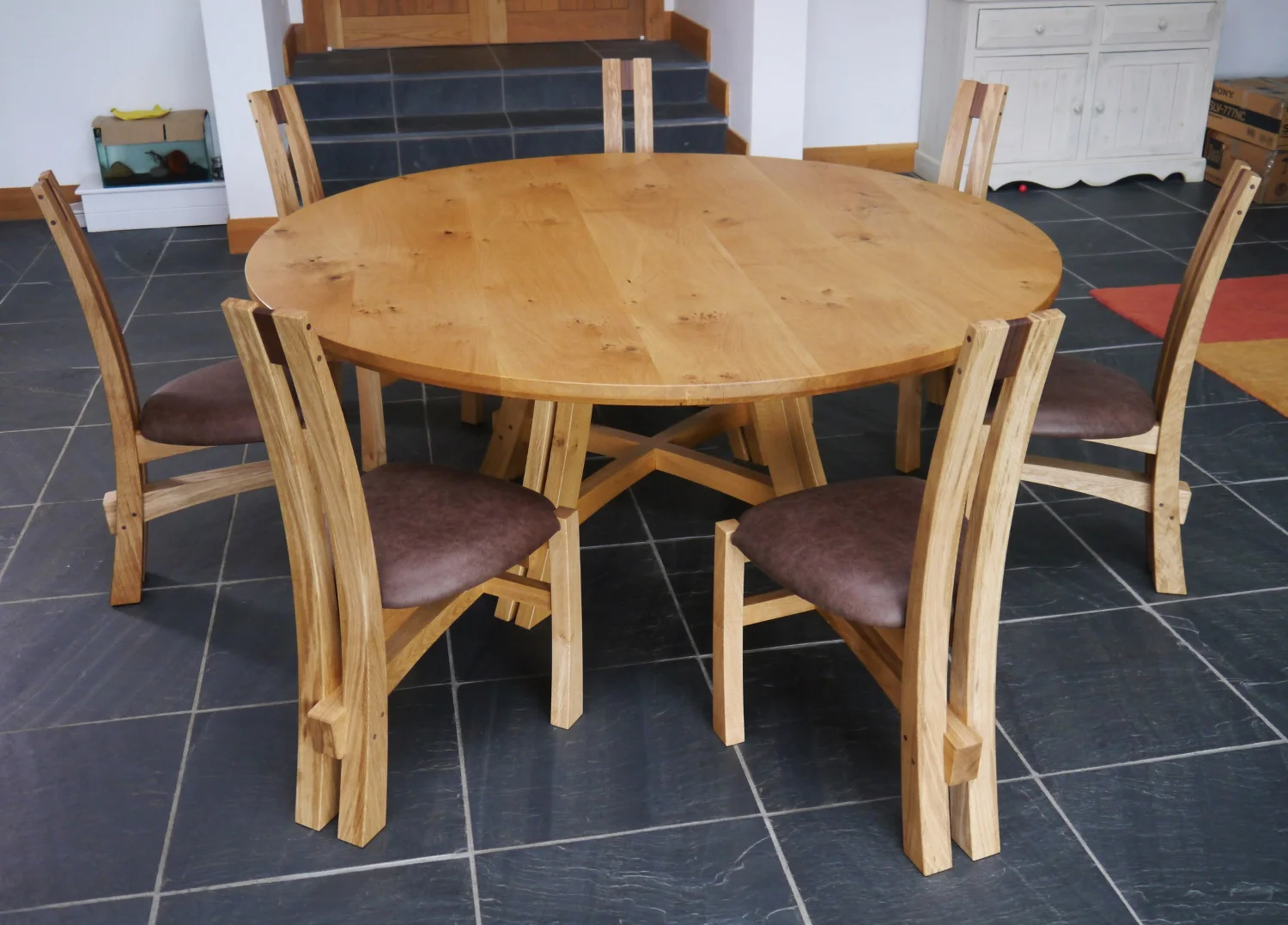 Split-leg Dining Table and Chairs in Oak and Leather by Alasdair Wallace