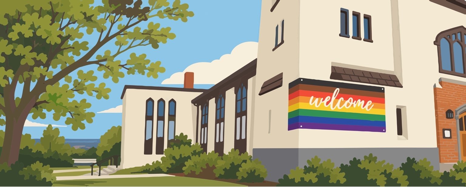 Illustration of Scarboro United Church in Calgary, with a rainbow ‘welcome’ banner on the wall