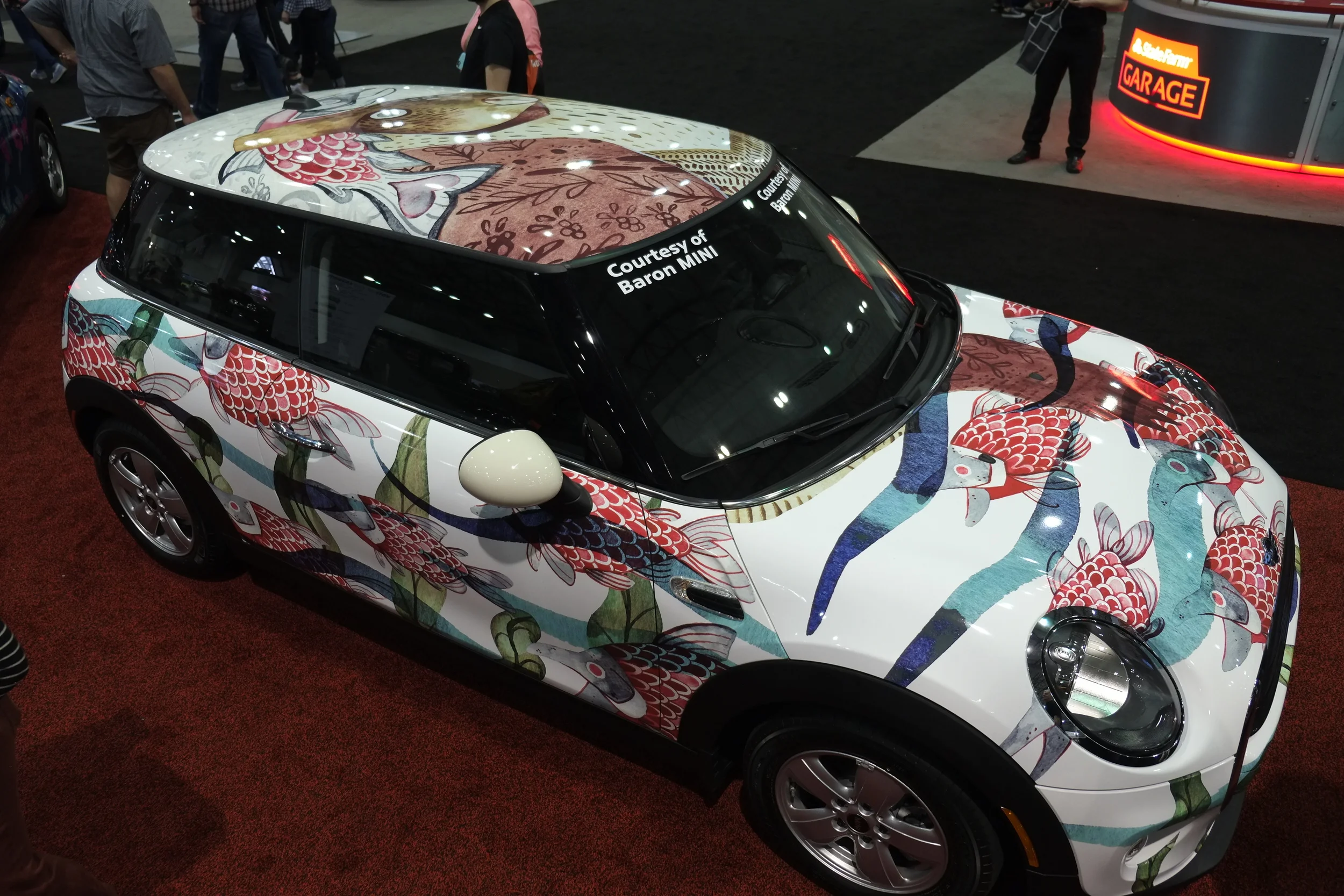 Overhead view of Alison Polston's BMW Mini wrap "Salmon Run".