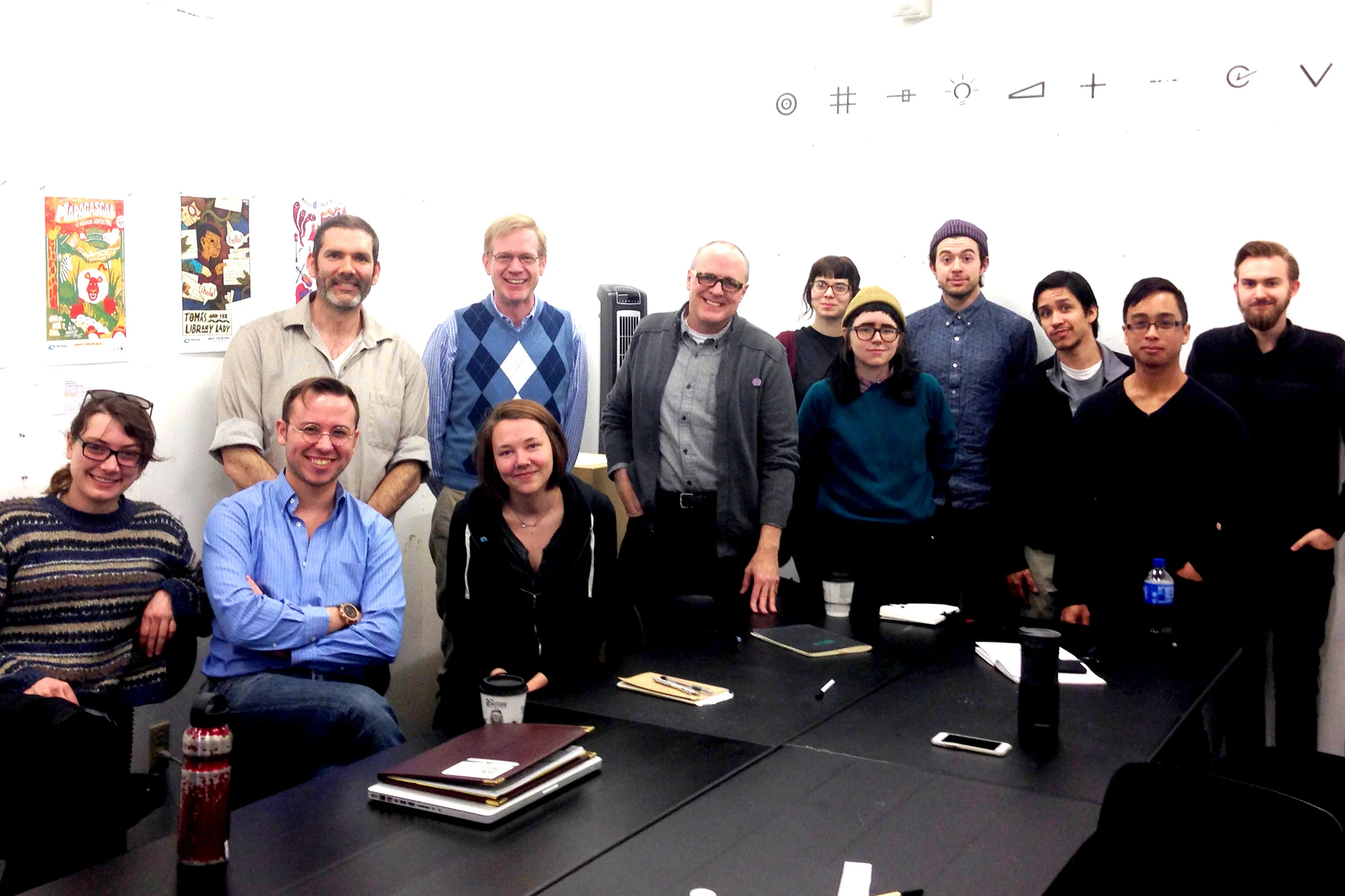 Founding MICRO class members meet with representatives of our first client, The Coterie Theatre. Pictured from left to right; Rosie Ruzicka , R.T. Smith , Kendall Quack , Assistant Professor David Terrill, David Golston Director of Marketing & Public Relations, The Coterie, Artistic Director Jeff Church, Kelsey Borcherding , Kelsey Wroten , Spencer Pullen , Salvador Carrasco , J.C. Franco and Kristopher Martin .