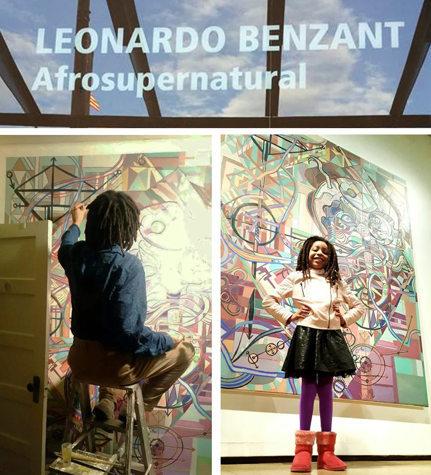 The Afrosupernatural exhibition signage at Aljira; Leonardo at work on Subterrestrial Magik; Maia Estelle Benzant-Pérez proudly stands before her father’s finished work at the opening.  Photos courtesy of Leonardo Benzant.