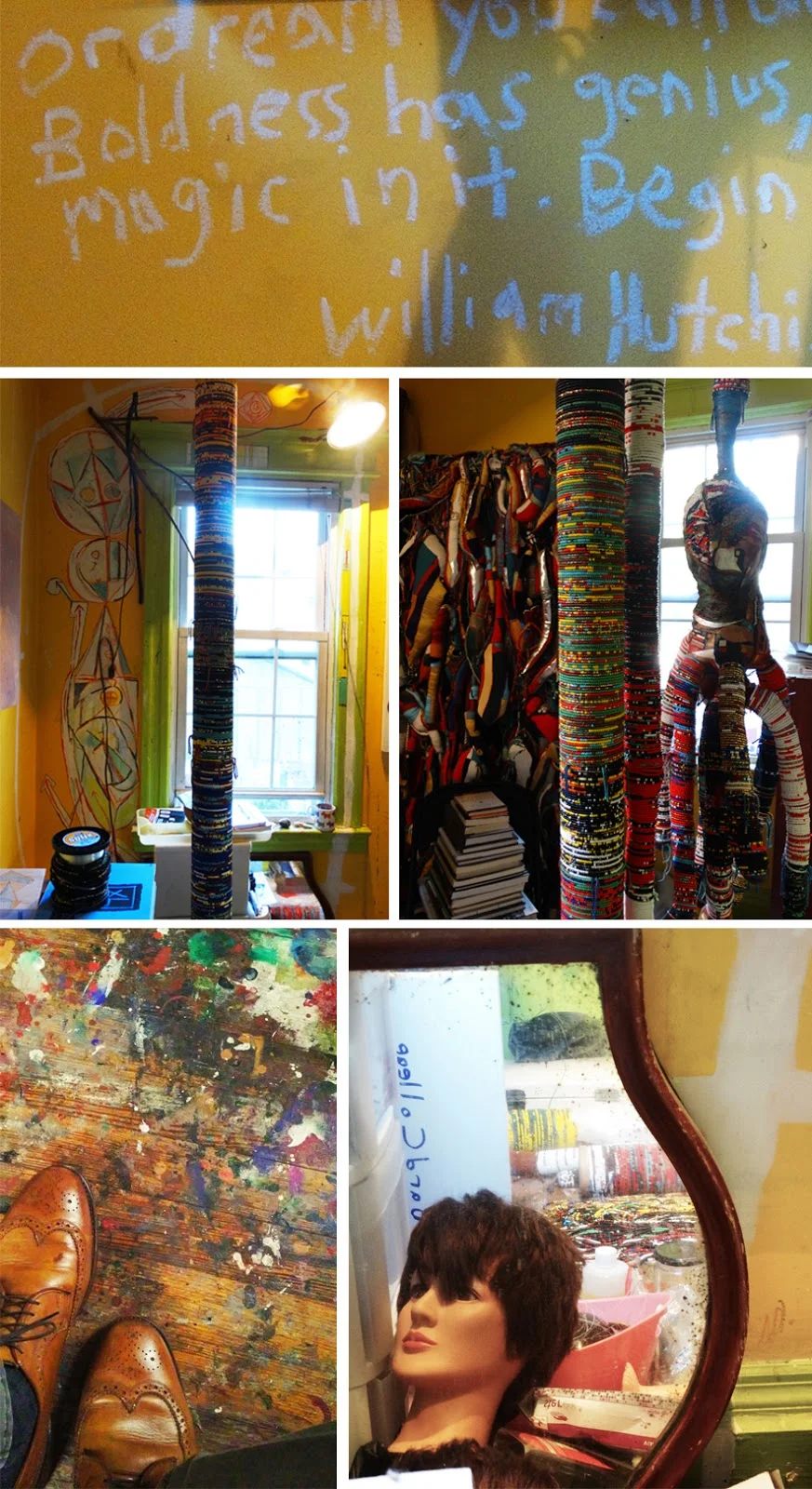 Studio vignettes: from a glimpse of one of his favorite quotes on the wall to the paint-splattered floor. 