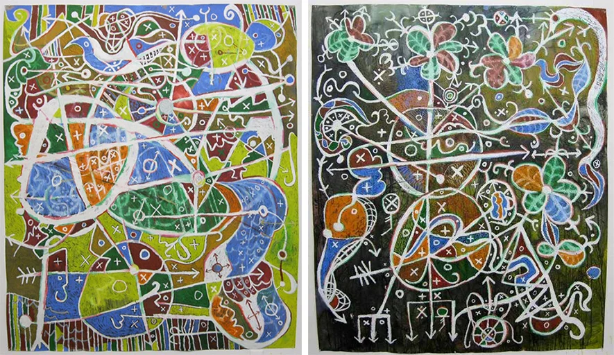 On view at Aljira from the Signatures series: Mama Kalunga And The Funky World Of The Kongo, 2011, oilstick and mixed-media on paper, 60 x 72" and To Invoke the Spirits of the Forest, 2011, oilstick and mixed-media on paper 75 x 60" Photos courtesy …