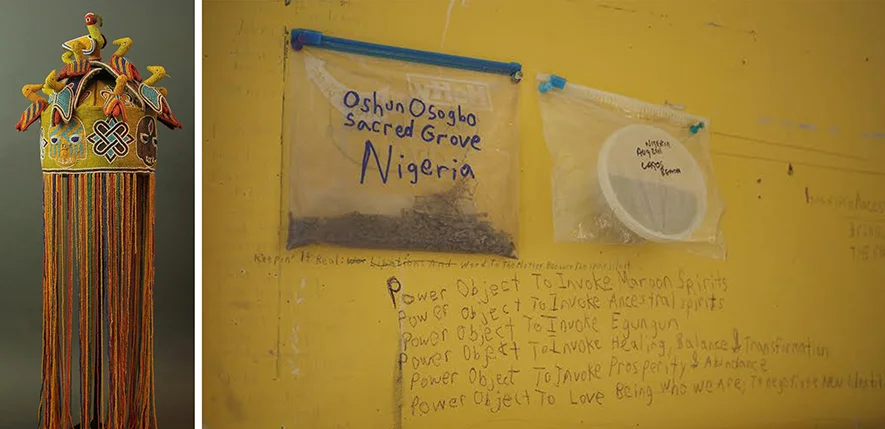 Yoruba inspiration: beaded crown and precious earth from the orisha Oshun's sacred grove in Osogbo, Nigeria. Wall photo by Henry Adebonojo.
