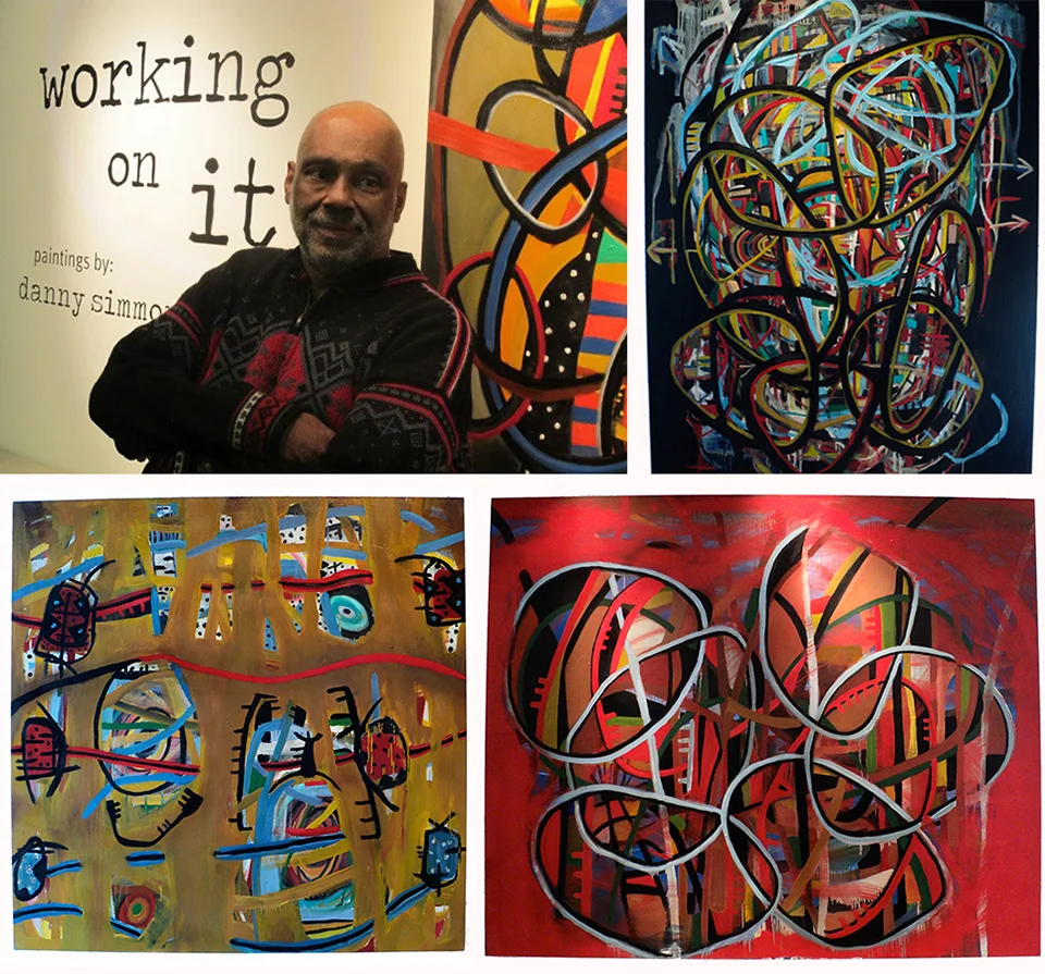 His Gallery at Wagner opening reception, photo by Debbie Hardy ; Complications and dissertations (2012); Red goes with everything (2012) and Long time coming/long time gone (2012)