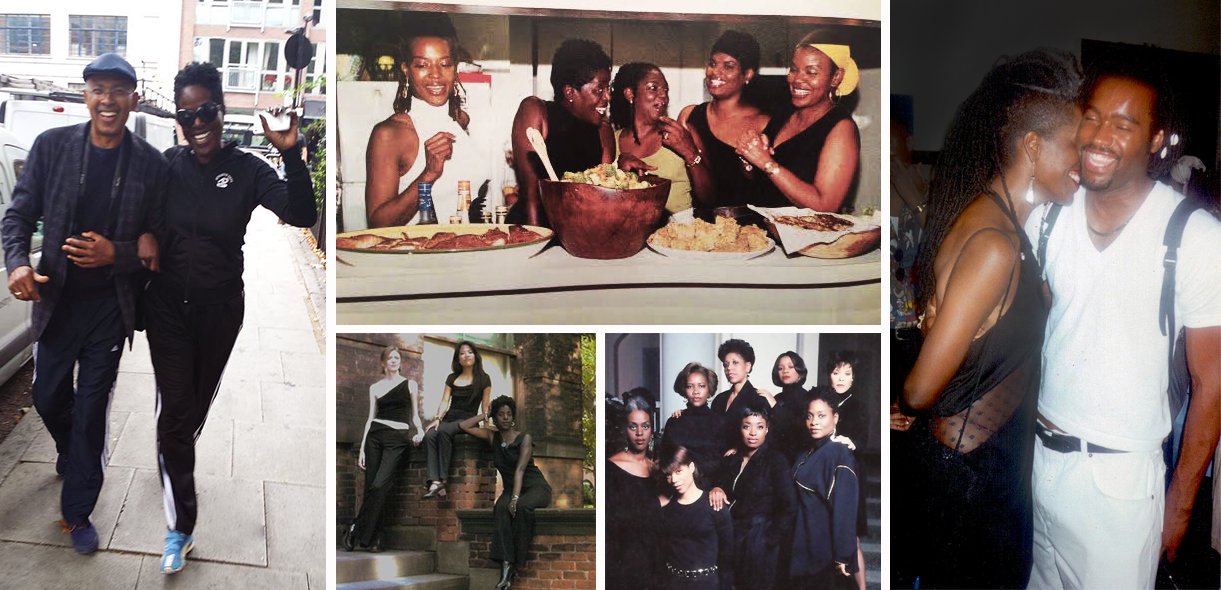 Clockwise from ieft : High stepping in London with Glenn Tunstull; gathering at a mentoring dinner with Jackie Rhinehart, Nora Nelson, Katina Bynum and Gwendolyn Quinn; hugs and a sexy side view with fashion and costume designer, Emilio Sosa at a BFC fashion show: with the women of Sister Friends; and with her partners in Elle Empire Jordan Anderson and Cielito Pascual.